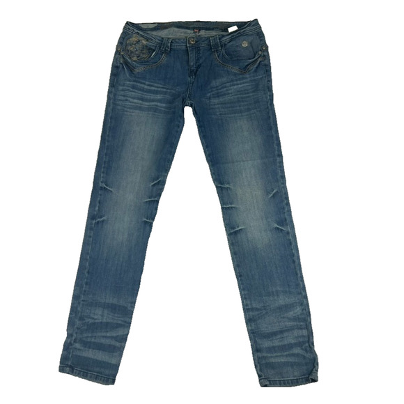 Apple Bottom Jeans Women's Size 13/14 Distressed Blue Denim Embellished Pocket - Picture 1 of 16